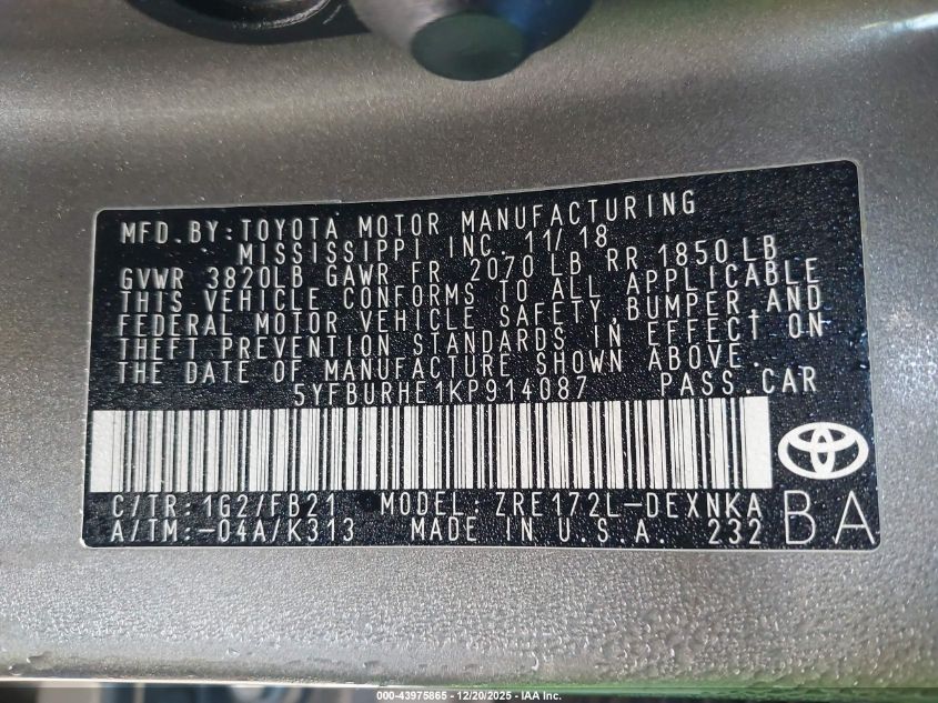 2019 Toyota Corolla Le VIN: 5YFBURHE1KP914087 Lot: 43975865