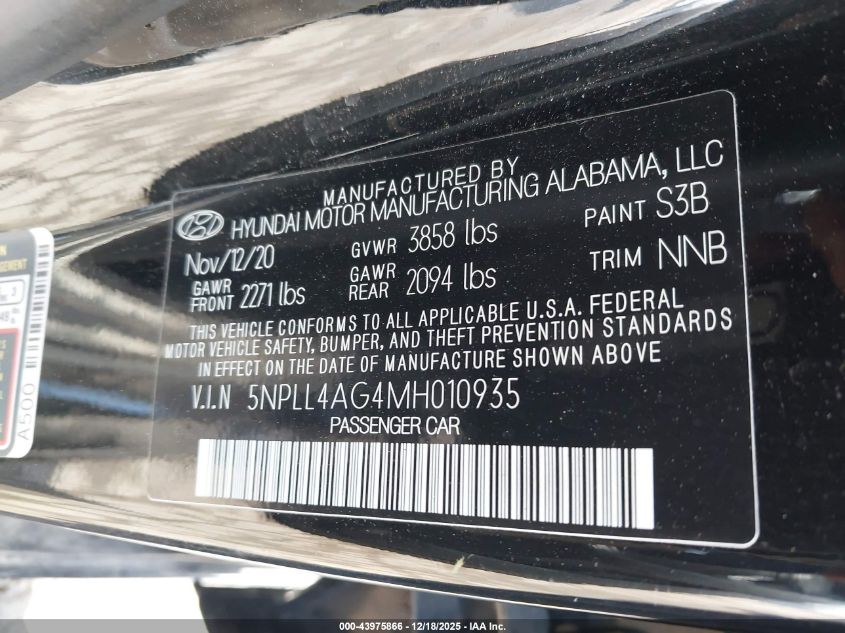 2021 Hyundai Elantra Se VIN: 5NPLL4AG4MH010935 Lot: 43975866