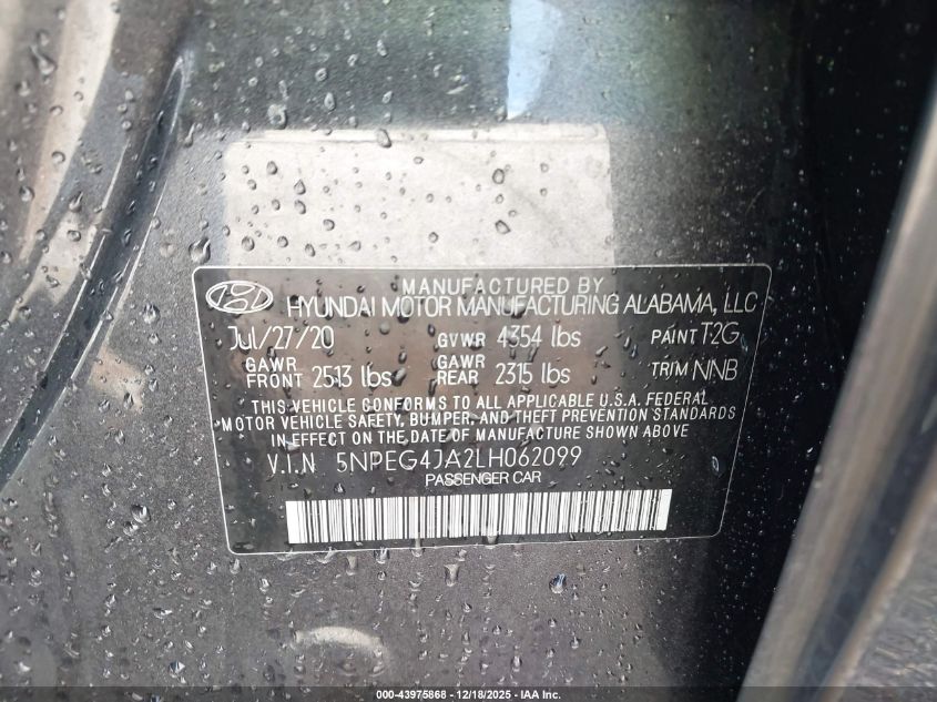 2020 Hyundai Sonata Se VIN: 5NPEG4JA2LH062099 Lot: 43975868