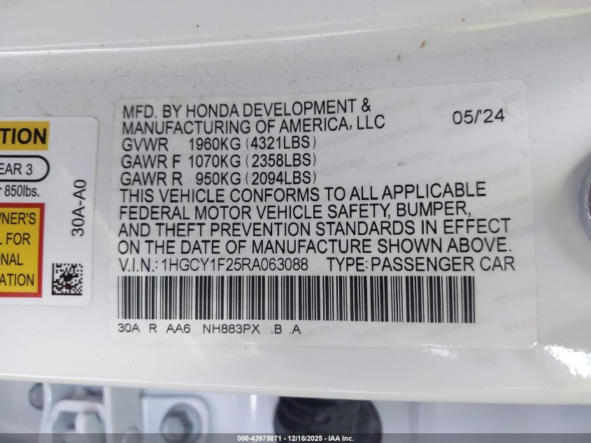 2024 Honda Accord Lx VIN: 1HGCY1F25RA063088 Lot: 43975871