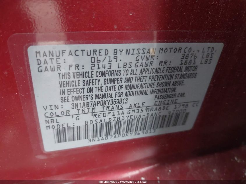 2019 Nissan Sentra Sv VIN: 3N1AB7AP0KY369813 Lot: 43975872