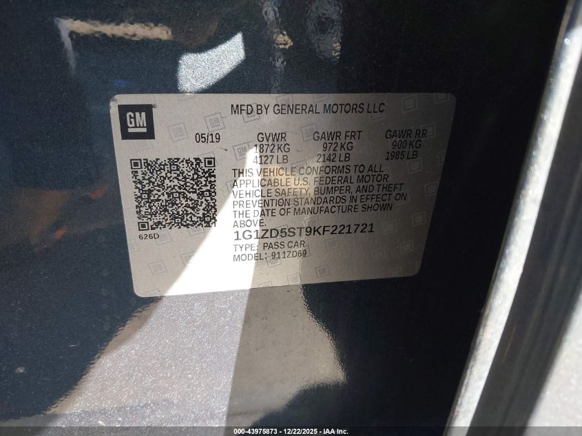 2019 Chevrolet Malibu Lt VIN: 1G1ZD5ST9KF221721 Lot: 43975873