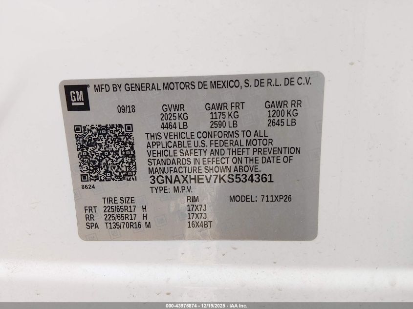 2019 Chevrolet Equinox Ls VIN: 3GNAXHEV7KS534361 Lot: 43975874