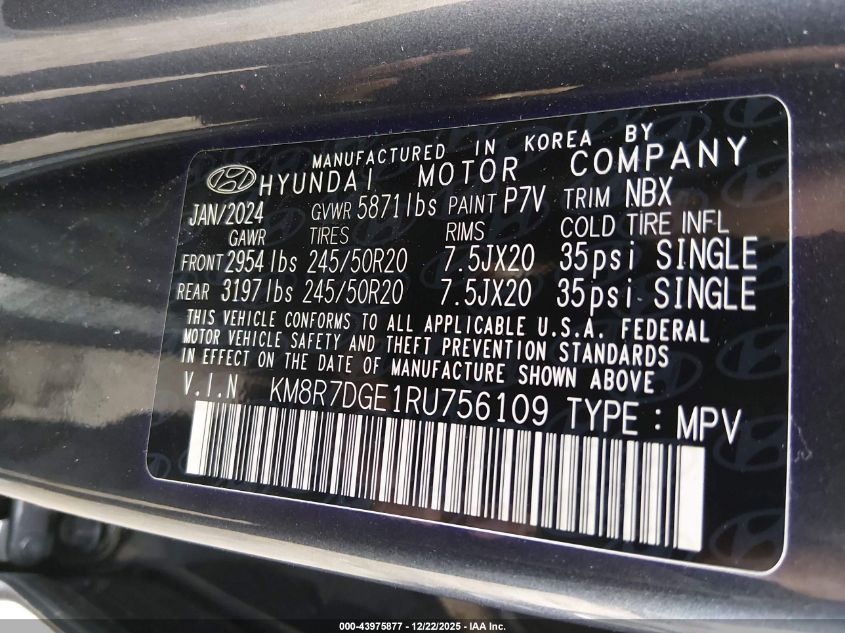 2024 Hyundai Palisade Calligraphy VIN: KM8R7DGE1RU756109 Lot: 43975877