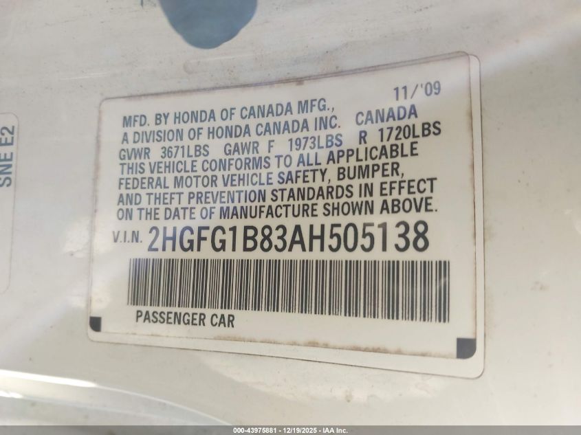 2010 Honda Civic Ex VIN: 2HGFG1B83AH505138 Lot: 43975881