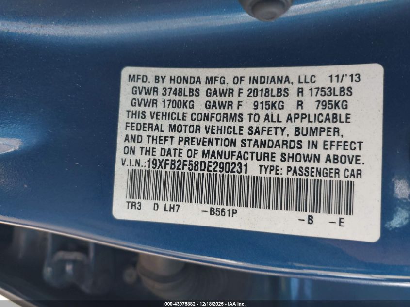 2013 Honda Civic Lx VIN: 19XFB2F58DE290231 Lot: 43975882
