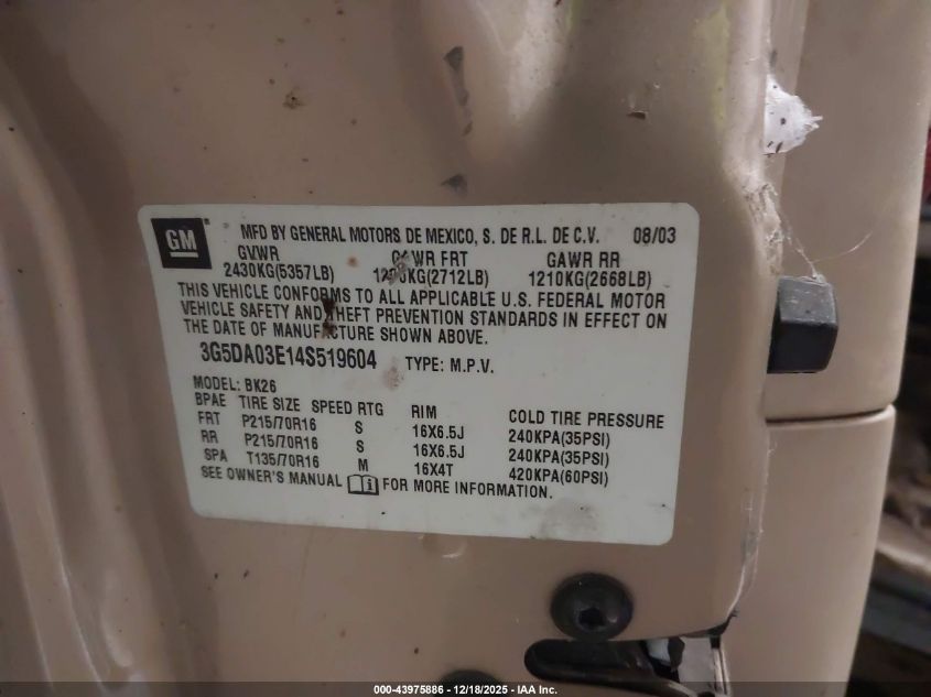 2004 Buick Rendezvous Cx VIN: 3G5DA03E14S519604 Lot: 43975886