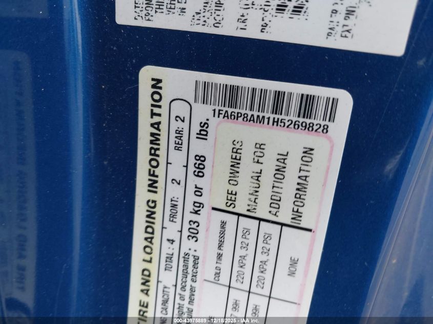 2017 Ford Mustang V6 VIN: 1FA6P8AM1H5269828 Lot: 43975889