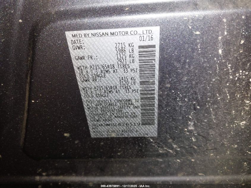 2016 Nissan Pathfinder Sv VIN: 5N1AR2MM3GC626519 Lot: 43975891