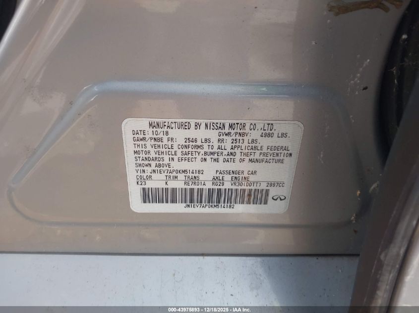 2019 Infiniti Q50 3.0T Luxe VIN: JN1EV7AP0KM514182 Lot: 43975893