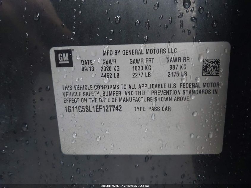 2014 Chevrolet Malibu 1Lt VIN: 1G11C5SL1EF127742 Lot: 43975897