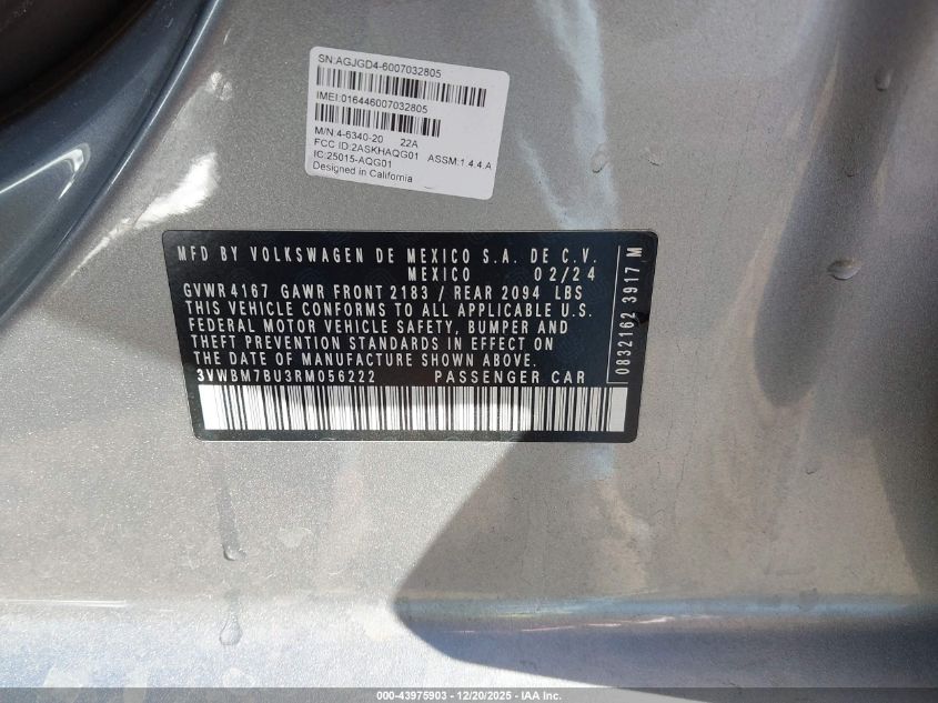 2024 Volkswagen Jetta 1.5T Sport VIN: 3VWBM7BU3RM056222 Lot: 43975903