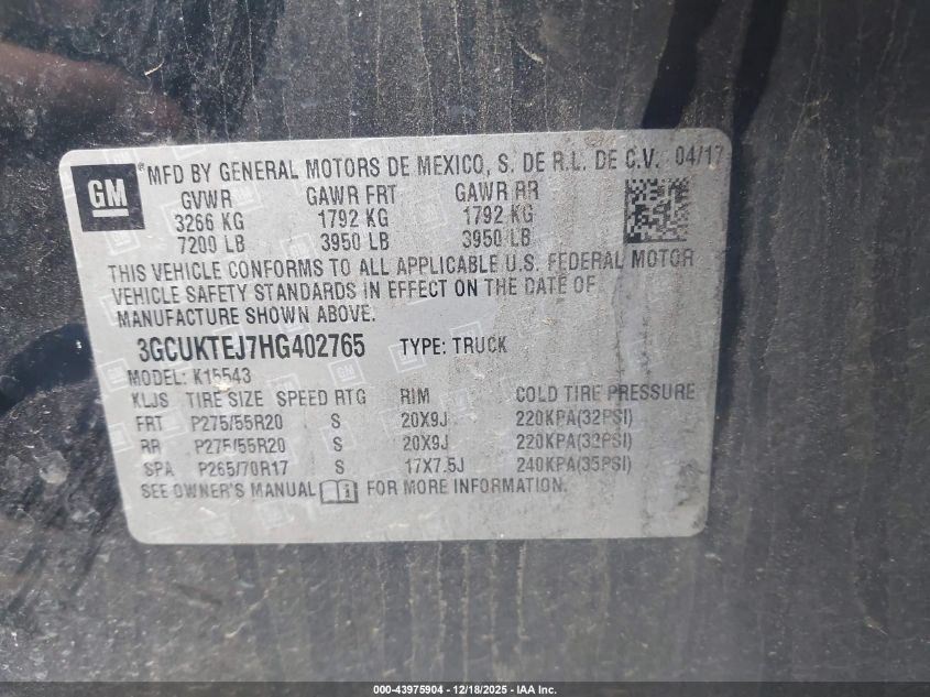 2017 Chevrolet Silverado 1500 High Country VIN: 3GCUKTEJ7HG402765 Lot: 43975904