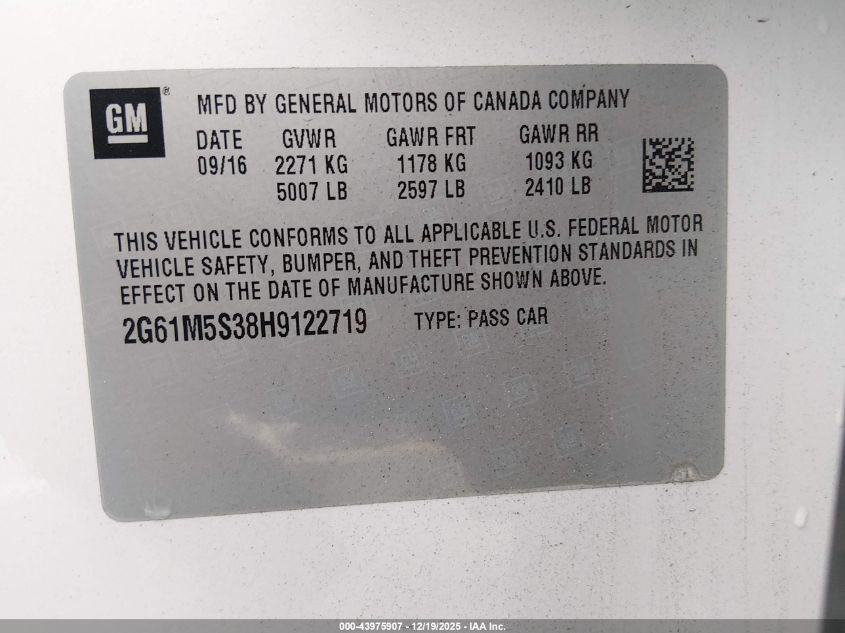 2017 Cadillac Ats VIN: 2G6AM5S38H9122719 Lot: 43975907