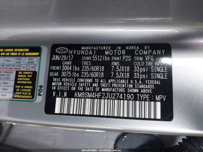 2018 Hyundai Santa Fe Se VIN: KM8SM4HF2JU274190 Lot: 43975908