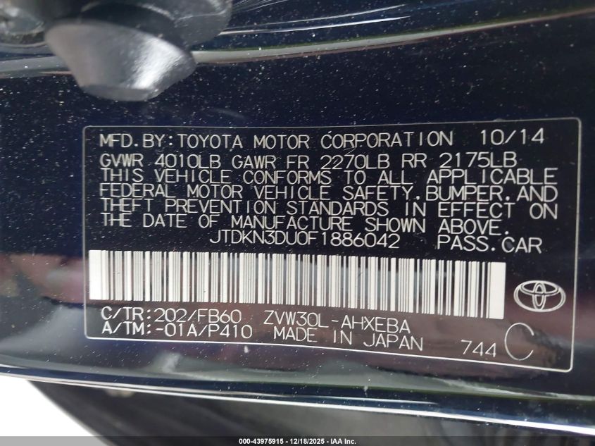 2015 Toyota Prius Three VIN: JTDKN3DU0F1886042 Lot: 43975915