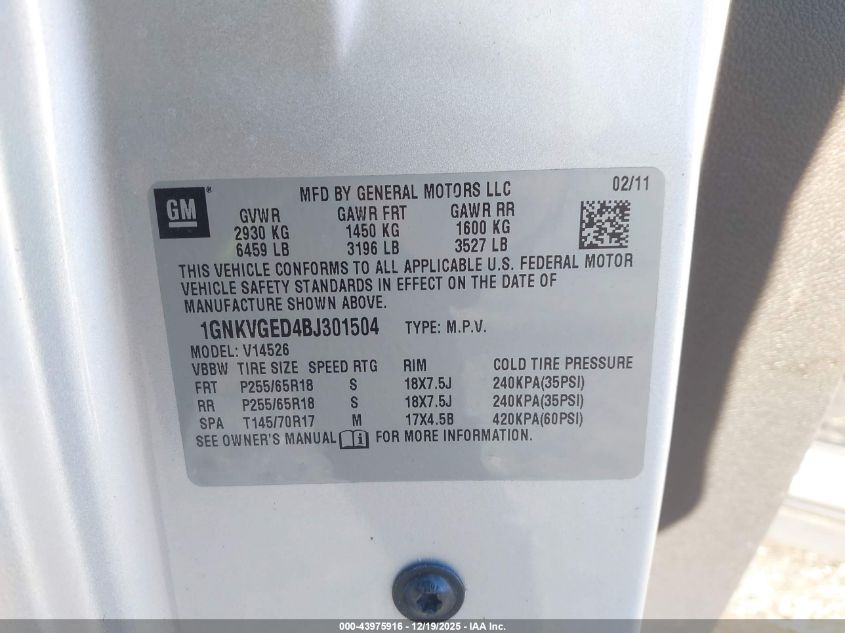 2011 Chevrolet Traverse 1Lt VIN: 1GNKVGED4BJ301504 Lot: 43975916