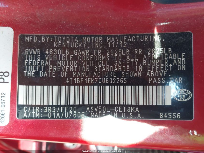 2012 Toyota Camry VIN: 4T2BF1FK7LU632265 Lot: 43975923