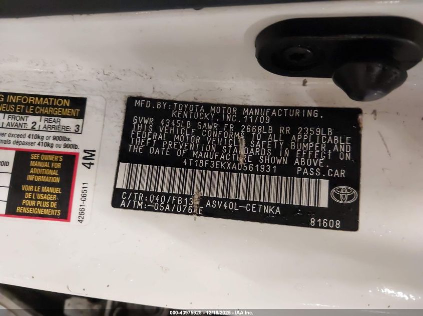 2010 Toyota Camry VIN: 4T1BF3EKXAU561931 Lot: 43975925