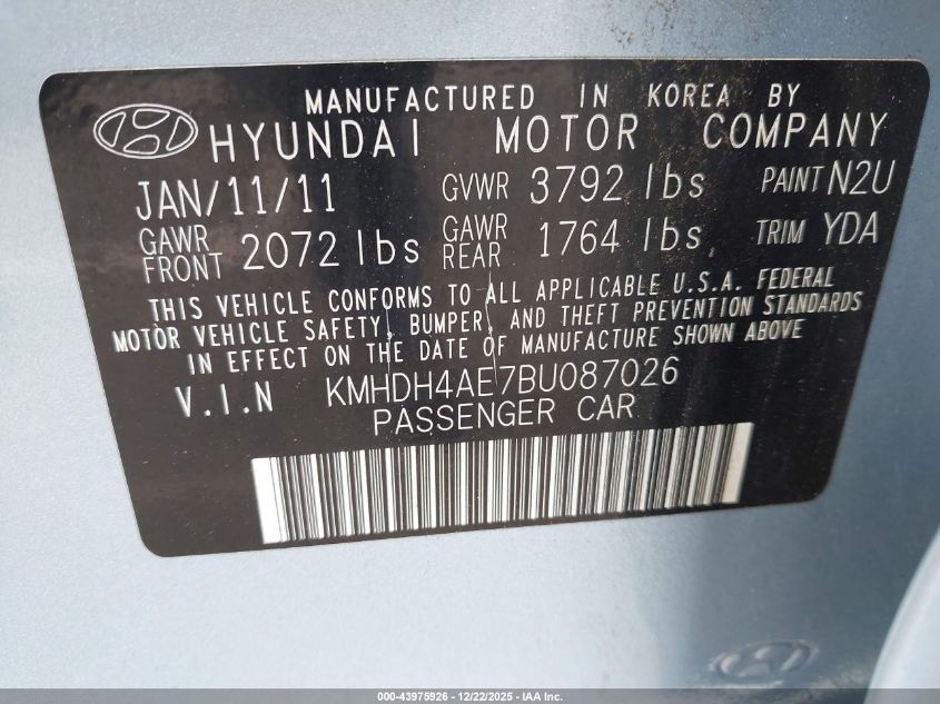 2011 Hyundai Elantra Limited (Ulsan Plant) VIN: KMHDH4AE7BU087026 Lot: 43975926