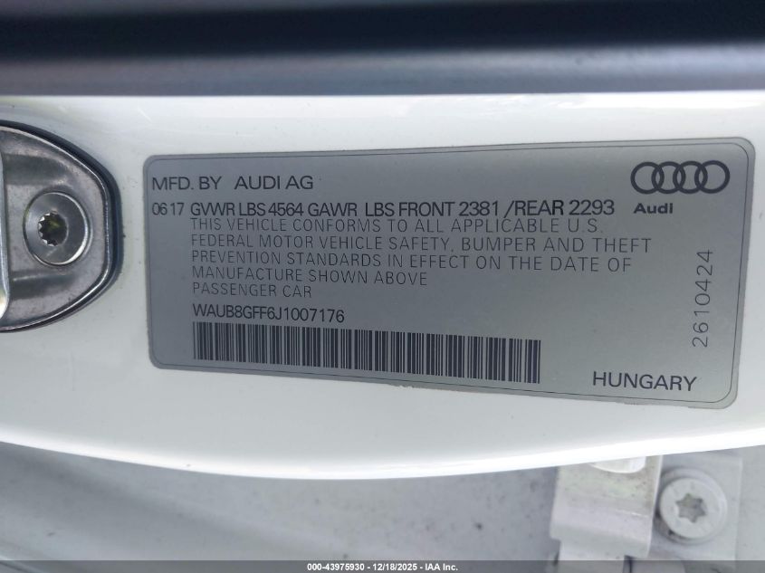 2018 Audi A3 2.0T Premium/2.0T Tech Premium VIN: WAUB8GFF6J1007176 Lot: 43975930