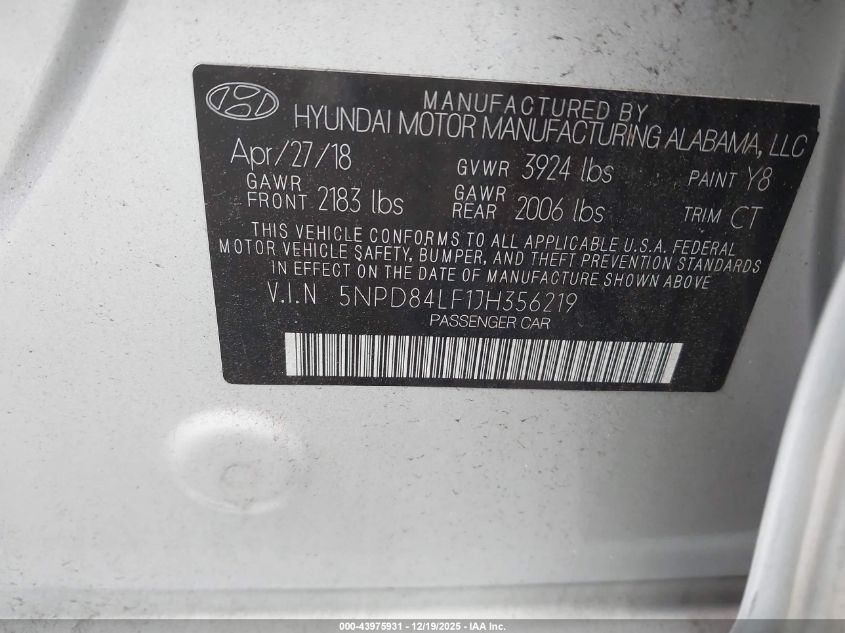 2018 Hyundai Elantra Value Edition VIN: 5NPD84LF1JH356219 Lot: 43975931