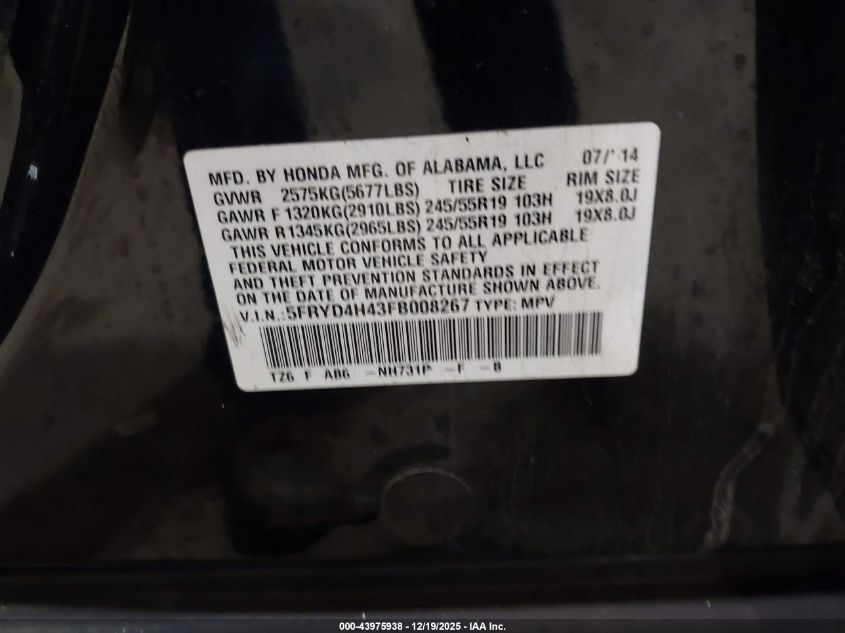 2015 Acura Mdx Technology Package VIN: 5FRYD4H43FB008267 Lot: 43975938