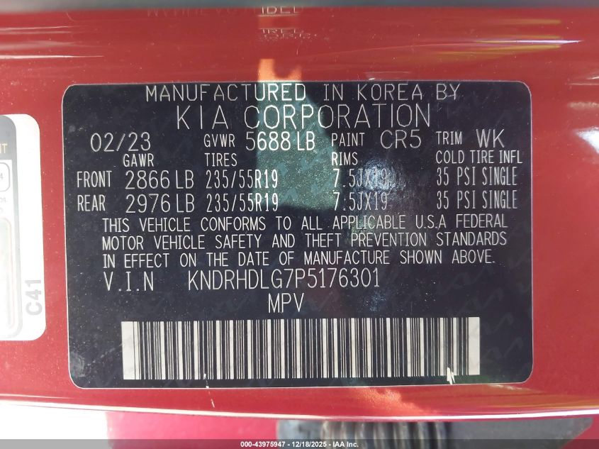 2023 Kia Sorento Hybrid Ex VIN: KNDRHDLG7P5176301 Lot: 43975947