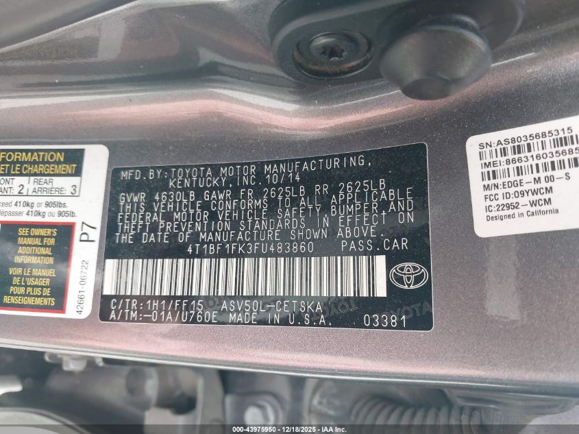 2015 Toyota Camry Se VIN: 4T1BF1FK3FU483860 Lot: 43975950