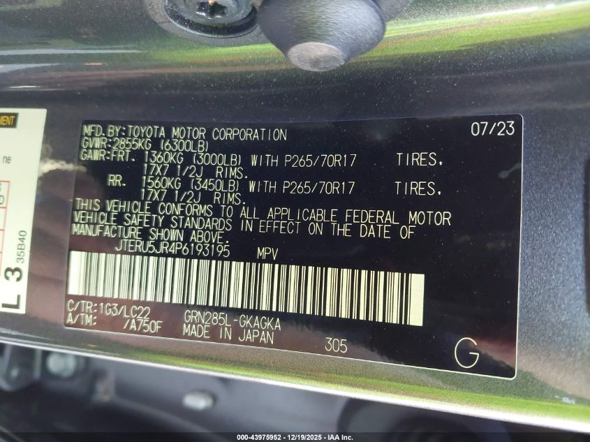 2023 Toyota 4Runner Trd Off Road Premium VIN: JTERU5JR4P6193195 Lot: 43975952