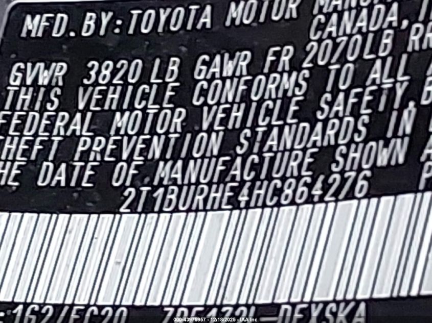 2017 Toyota Corolla Se VIN: 2T1BURHE4HC864276 Lot: 43975957