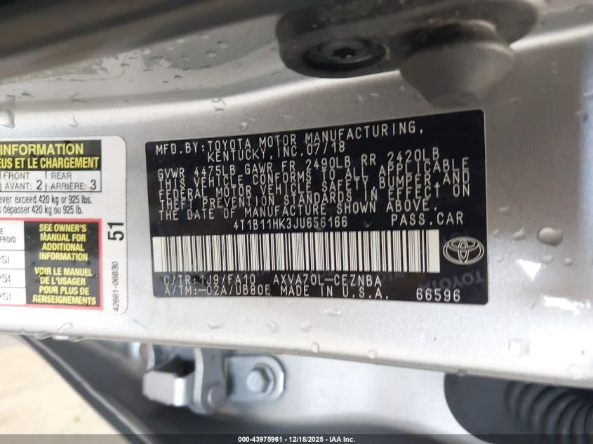 2018 Toyota Camry Le VIN: 4T1B11HK3JU656166 Lot: 43975961