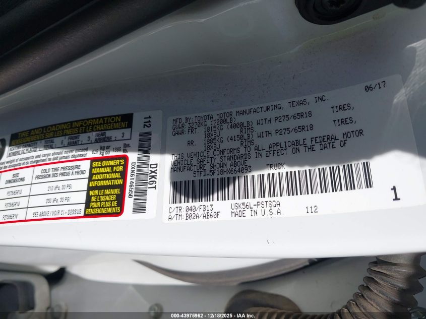 2017 Toyota Tundra Sr5 5.7L V8 VIN: 5TFDW5F18HX664093 Lot: 43975962