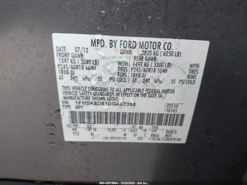 2013 Ford Explorer Xlt VIN: 1FM5K8D81DGA97359 Lot: 43975964