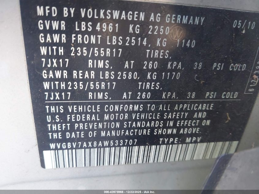 2010 Volkswagen Tiguan Wolfsburg Edition VIN: WVGBV7AX8AW533707 Lot: 43975966
