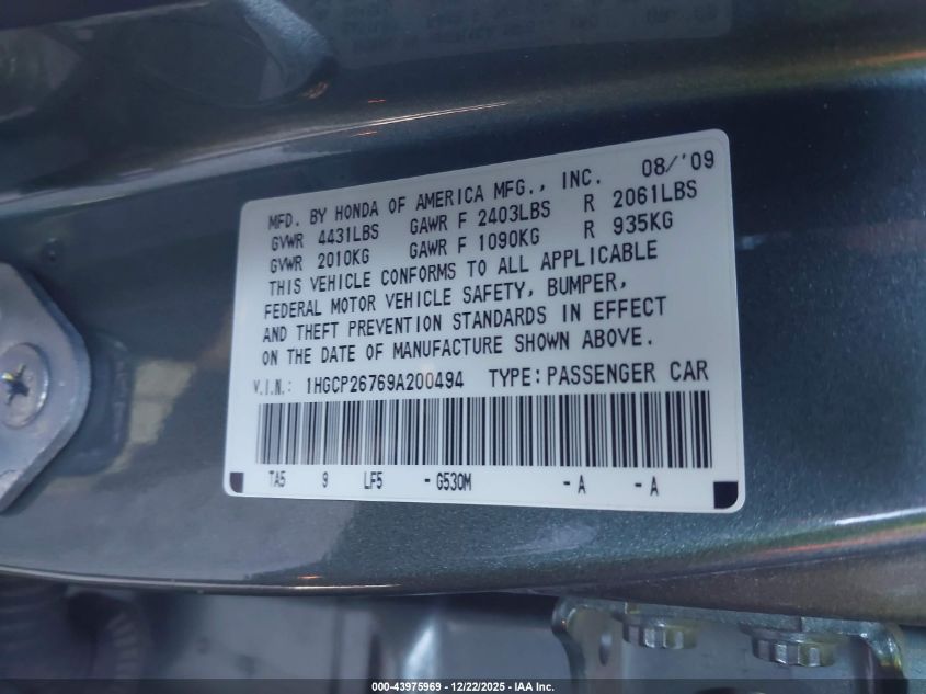 2009 Honda Accord 2.4 Ex VIN: 1HGCP26769A200494 Lot: 43975969