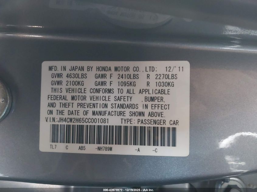 2012 Acura Tsx 2.4 VIN: JH4CW2H65CC001081 Lot: 43975970