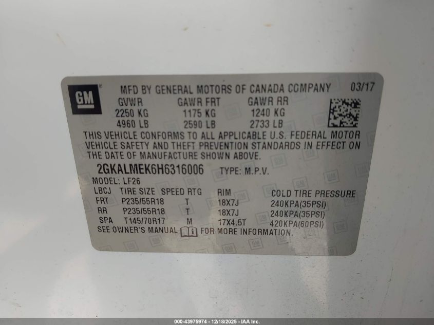 2017 GMC Terrain Sle-1 VIN: 2GKALMEK6H6316006 Lot: 43975974