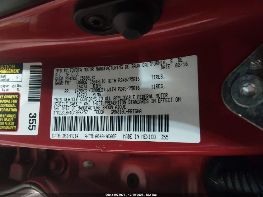 2016 Toyota Tacoma Sr5 V6 VIN: 3TMDZ5BN4GM006257 Lot: 43975976