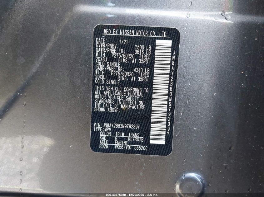 2021 Nissan Armada Sl 4Wd VIN: JN8AY2BB3M9792397 Lot: 43975980