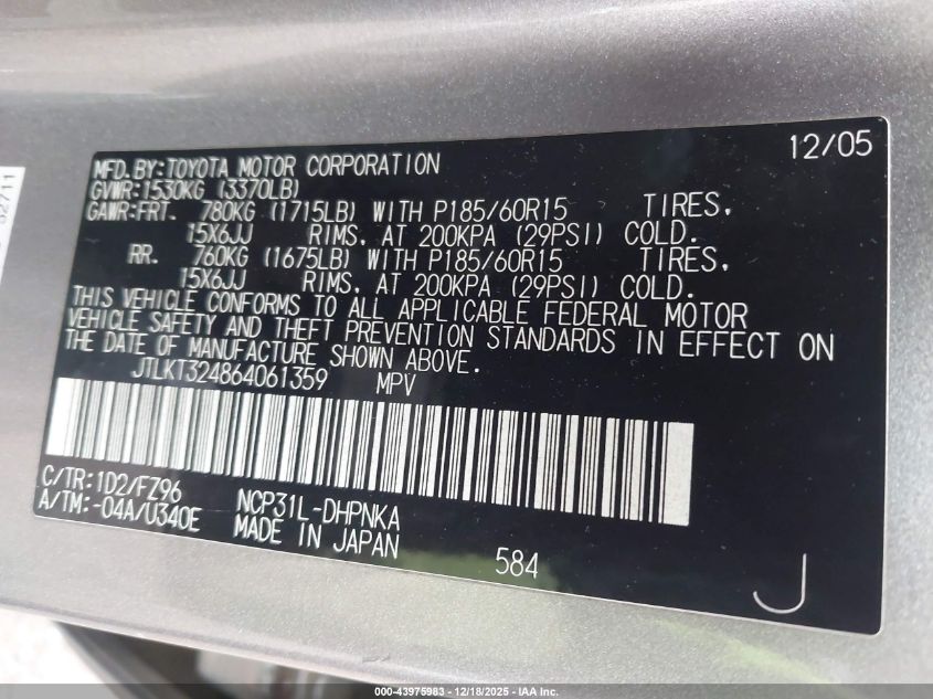 2006 Scion Xb VIN: JTLKT324864061359 Lot: 43975983