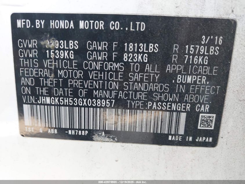 2016 Honda Fit Lx VIN: JHMGK5H53GX038957 Lot: 43975985