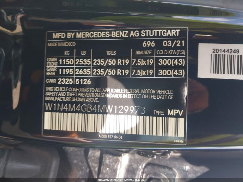 2021 Mercedes-Benz Glb 250 VIN: W1N4M4GB4MW129973 Lot: 43975989