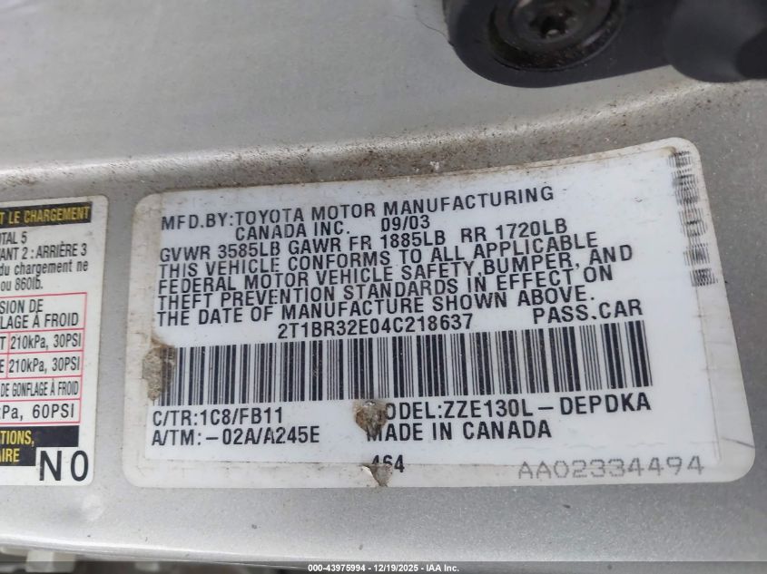 2004 Toyota Corolla Ce VIN: 2T1BR32E04C218637 Lot: 43975994