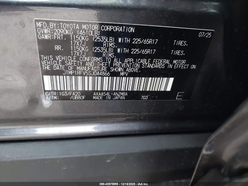 2025 Toyota Rav4 Xle VIN: JTMP1RFV5SJ044866 Lot: 43975995