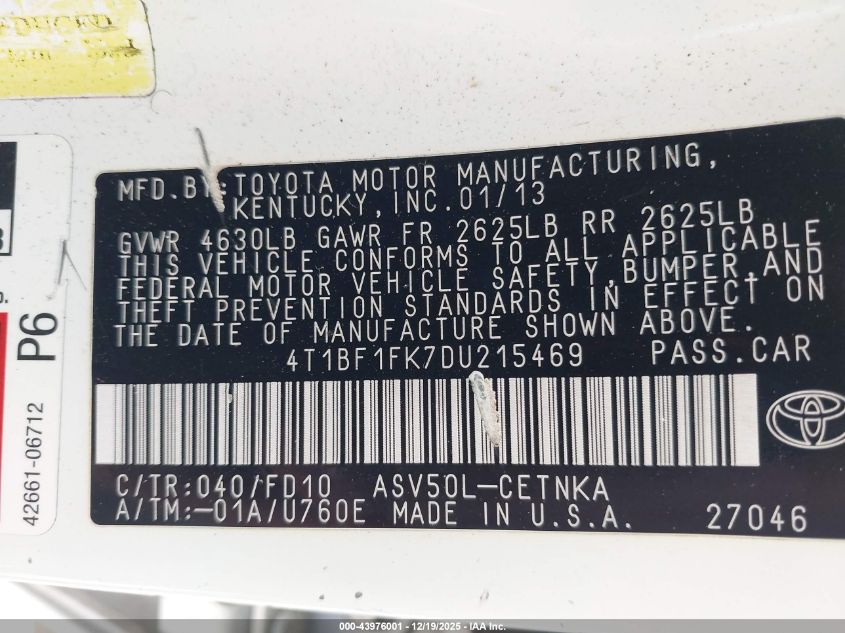 2013 Toyota Camry Le VIN: 4T1BF1FK7DU215469 Lot: 43976001