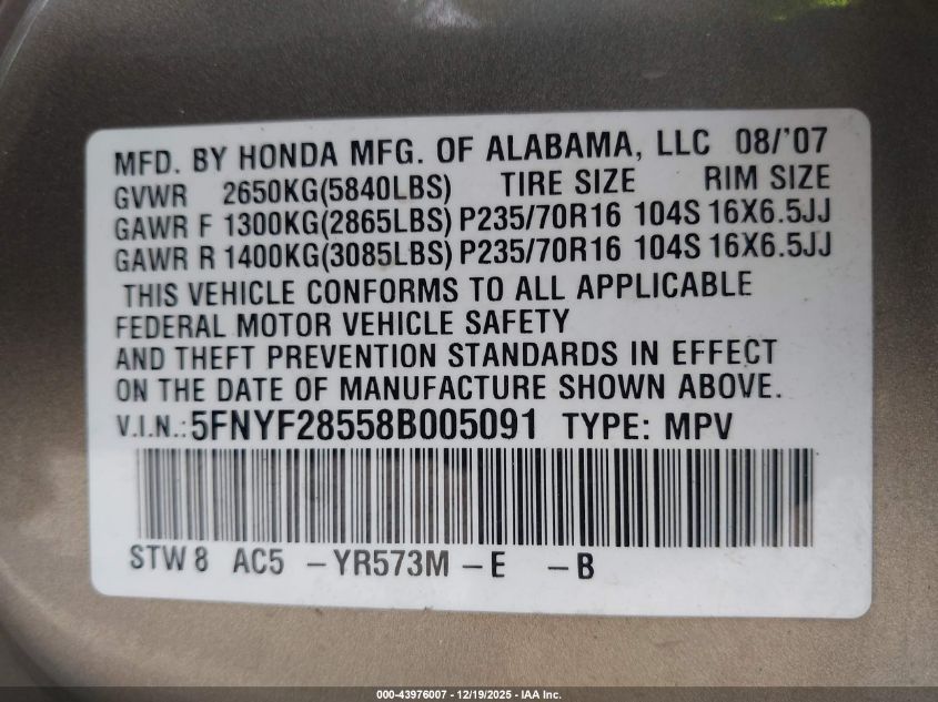 2008 Honda Pilot Ex-L VIN: 5FNYF28558B005091 Lot: 43976007