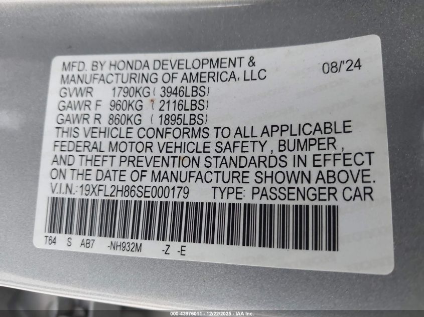 2025 Honda Civic Sedan Sport VIN: 19XFL2H86SE000179 Lot: 43976011