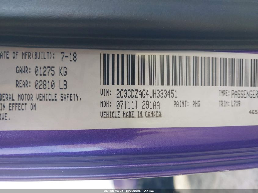 2018 Dodge Challenger Sxt VIN: 2C3CDZAG4JH333451 Lot: 43976022