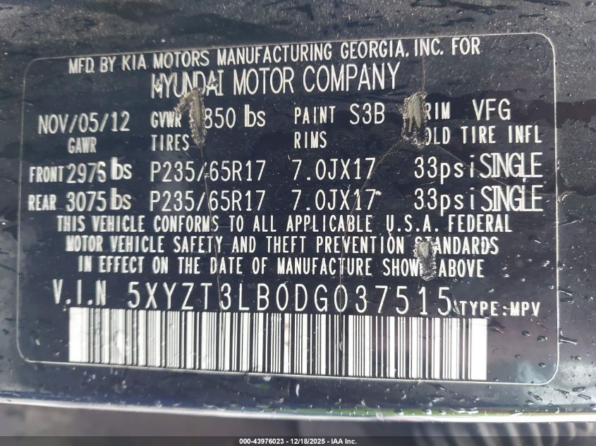 2013 Hyundai Santa Fe Sport VIN: 5XYZT3LB0DG037515 Lot: 43976023